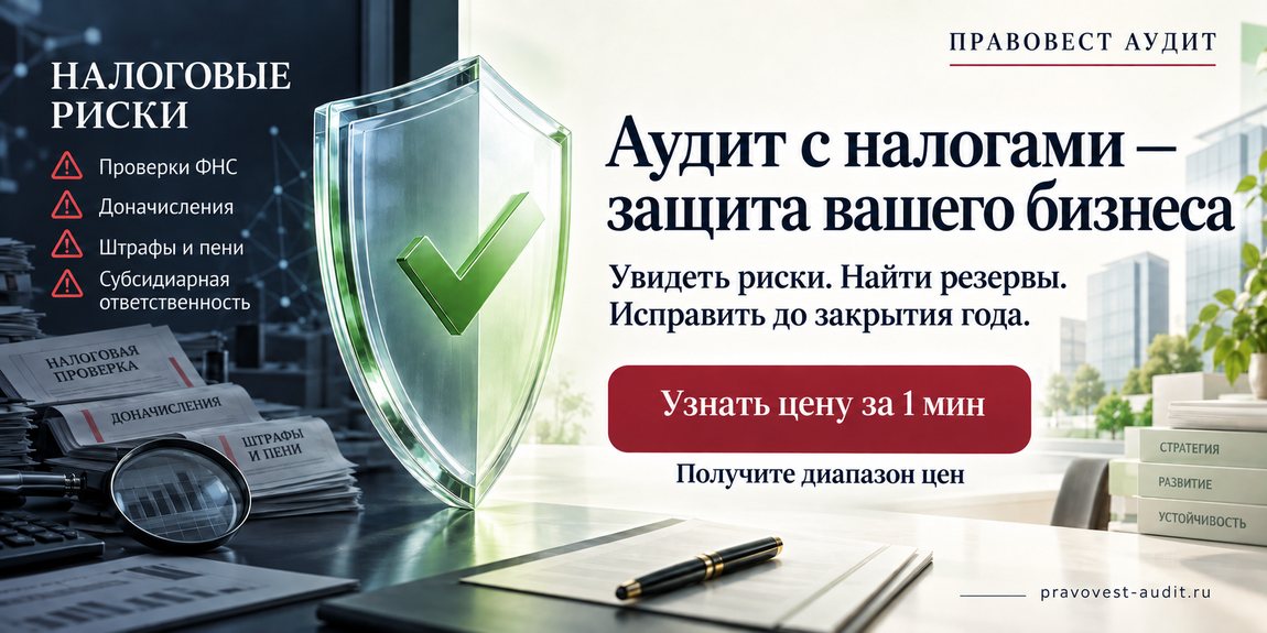 Аудит с налогами — защита вашего бизнеса. Увидеть риски. Найти резервы. Исправить до закрытия года. Узнать цену за 1 минуту.
