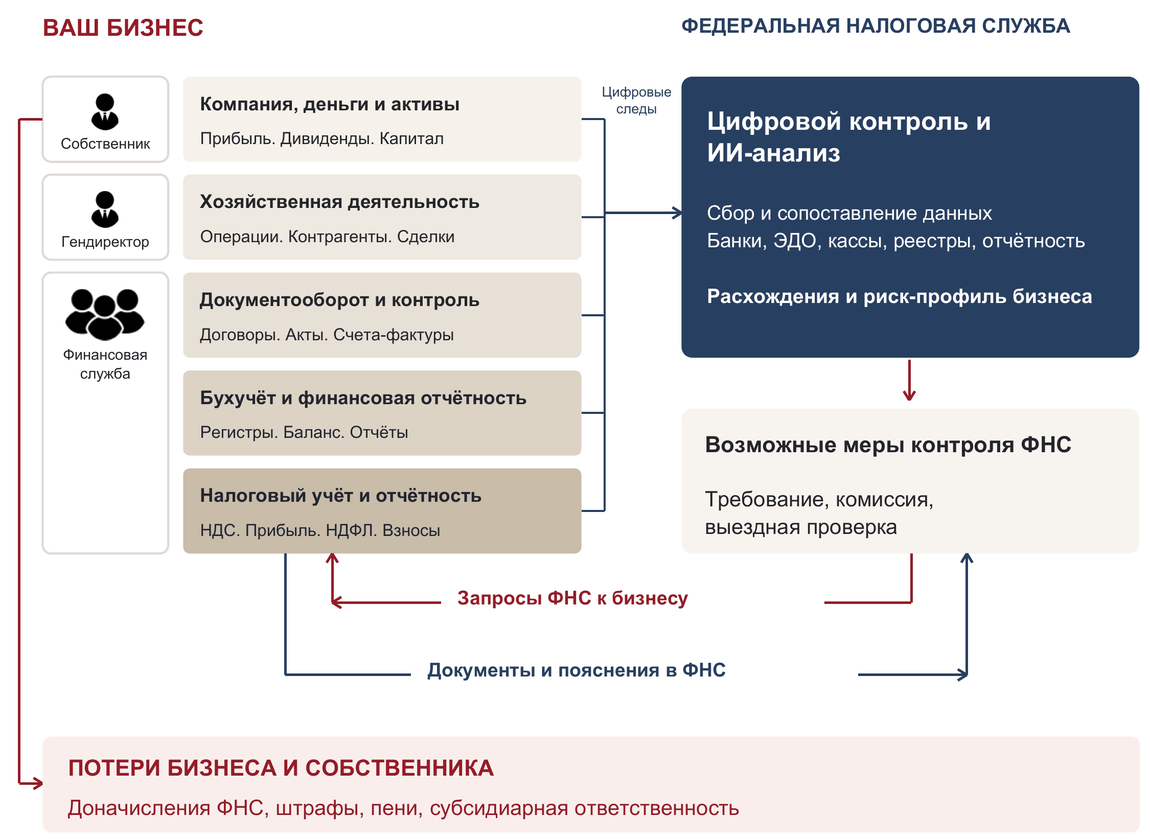 Как ФНС видит ваш бизнес: собственник, генеральный директор, финансовая служба, операции, документы, отчётность и цифровой налоговый контроль.