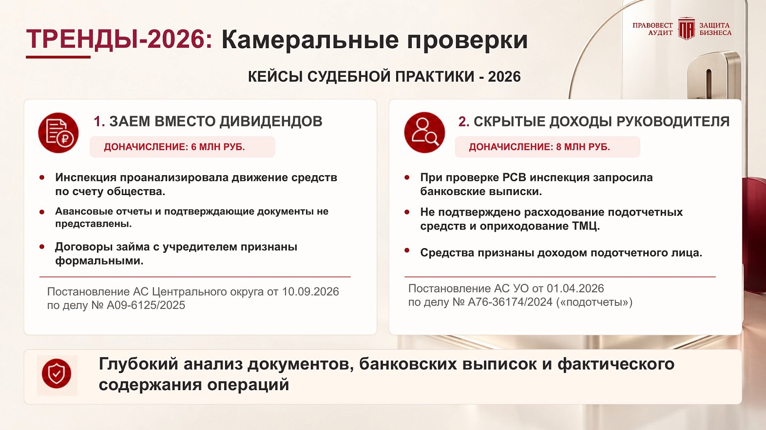 Тренды-2026: камеральные проверки — заем вместо дивидендов (6 млн ₽) и скрытые доходы руководителя (8 млн ₽)