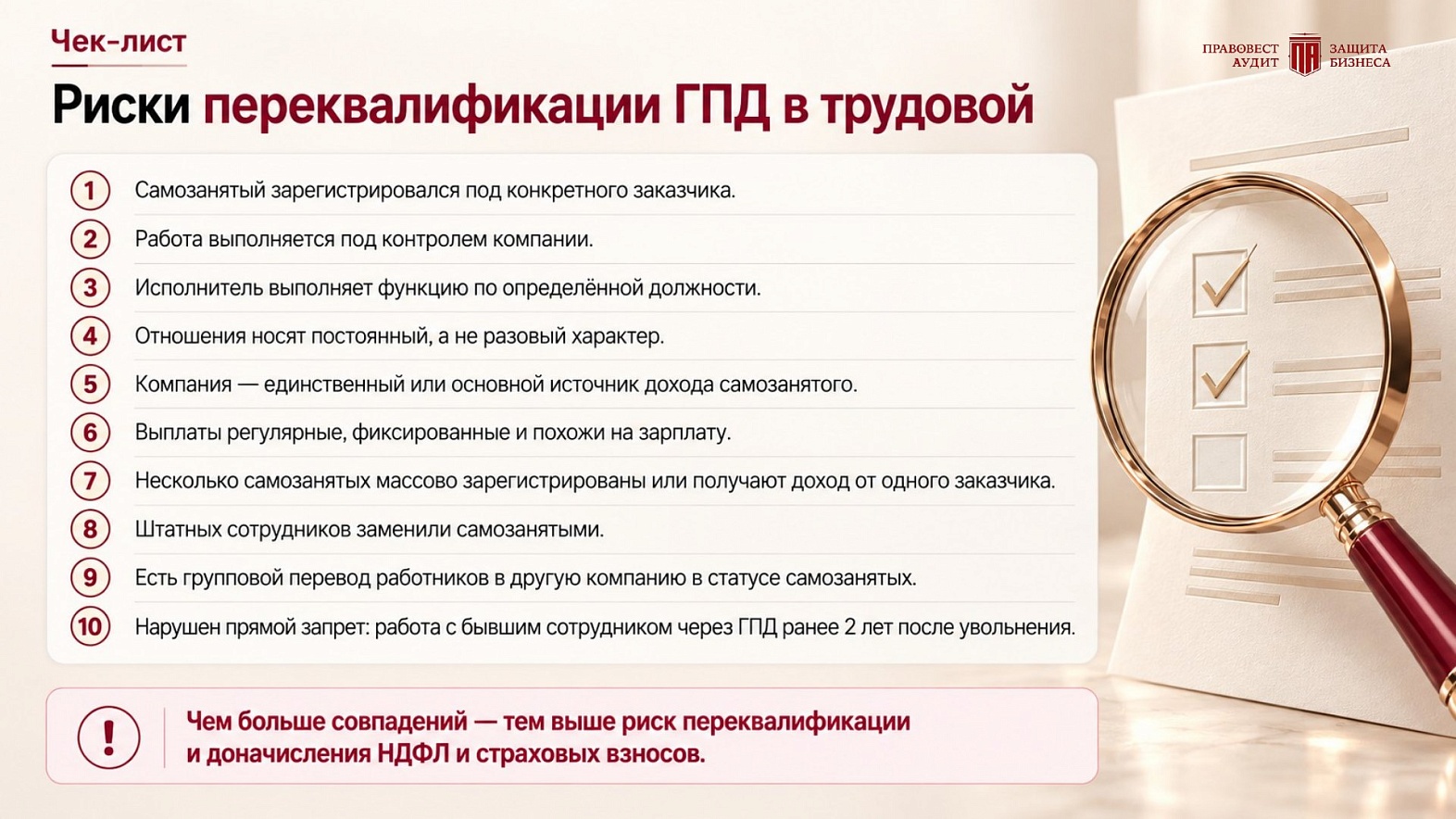 Чек-лист: риски переквалификации ГПД в трудовой договор
